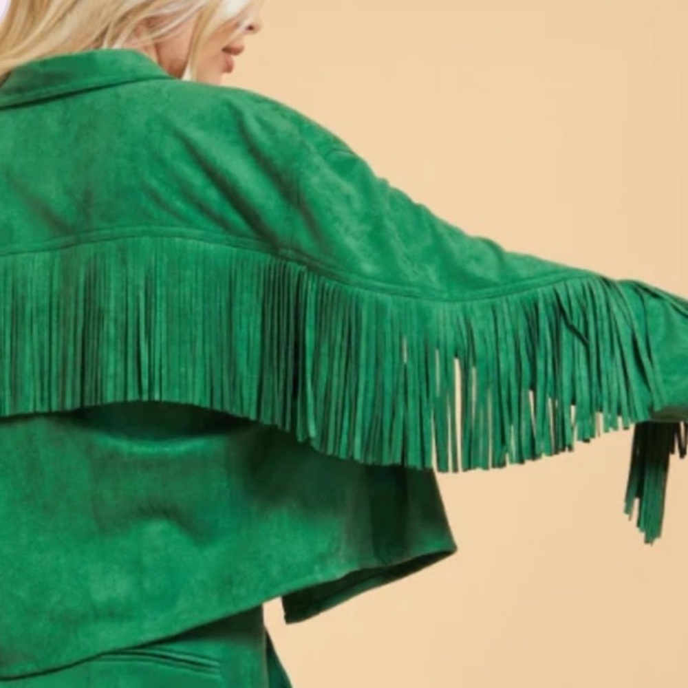 Green Suede Fringe Jacket medium Glam - Picture 4 of 13